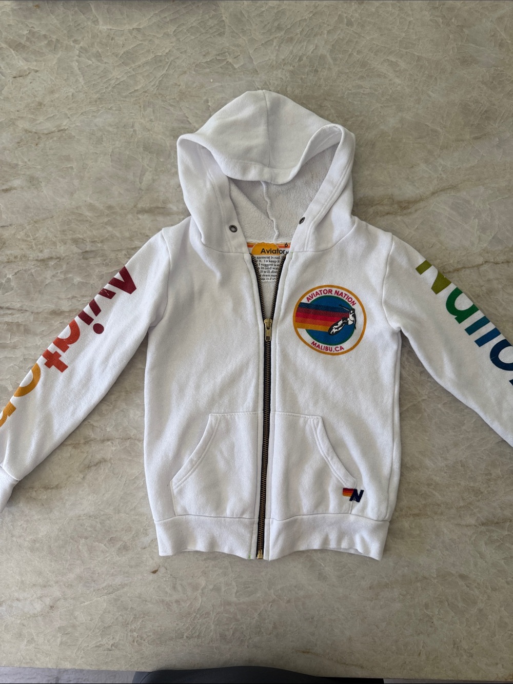 Aviator Nation Kids White Hoodie with Rainbow Logo - Malibu and Sleeve Print